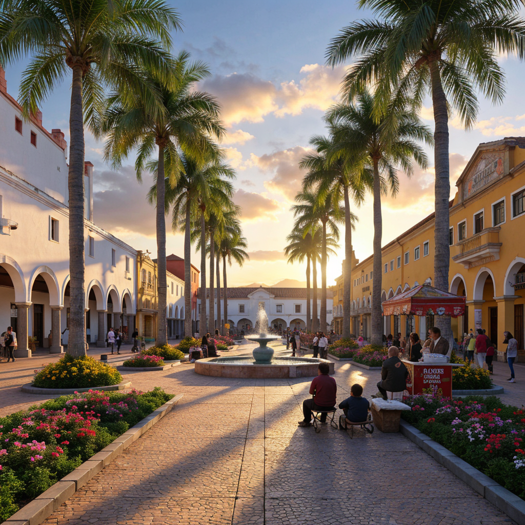 historic main plaza of El Fuerte Sinaloa during the golden hour