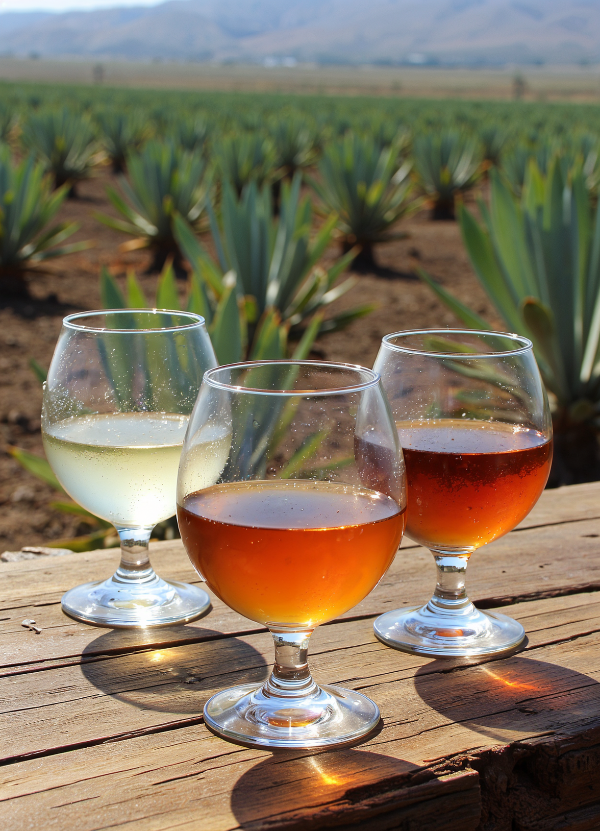 three tequila glasses—one filled with blanco, one with reposado, and one with añejo